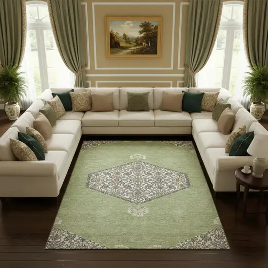 Artichoke Green Beige And Gray Oriental Washable Area Rug With UV Protection Photo 2