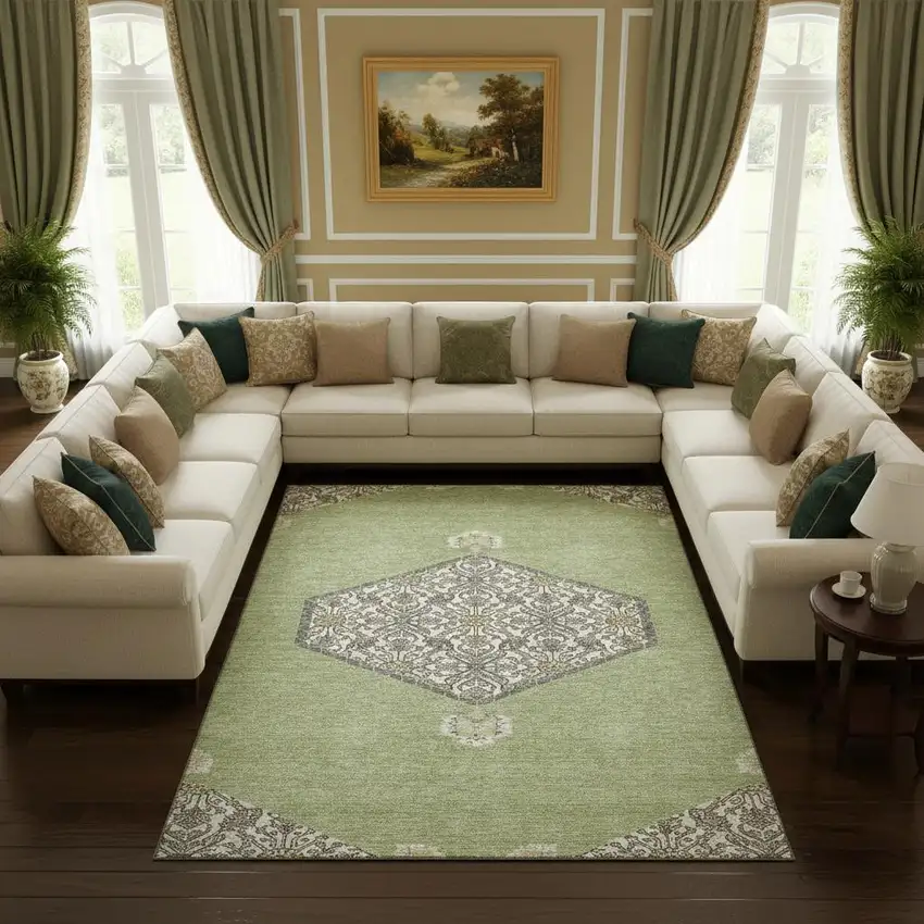 Artichoke Green Beige And Gray Oriental Washable Area Rug With UV Protection Photo 2