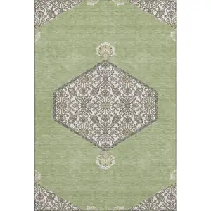 Photo of Artichoke Green Beige And Gray Oriental Washable Area Rug With UV Protection