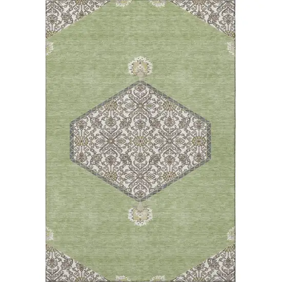 Artichoke Green Beige And Gray Oriental Washable Area Rug With UV Protection Photo 3