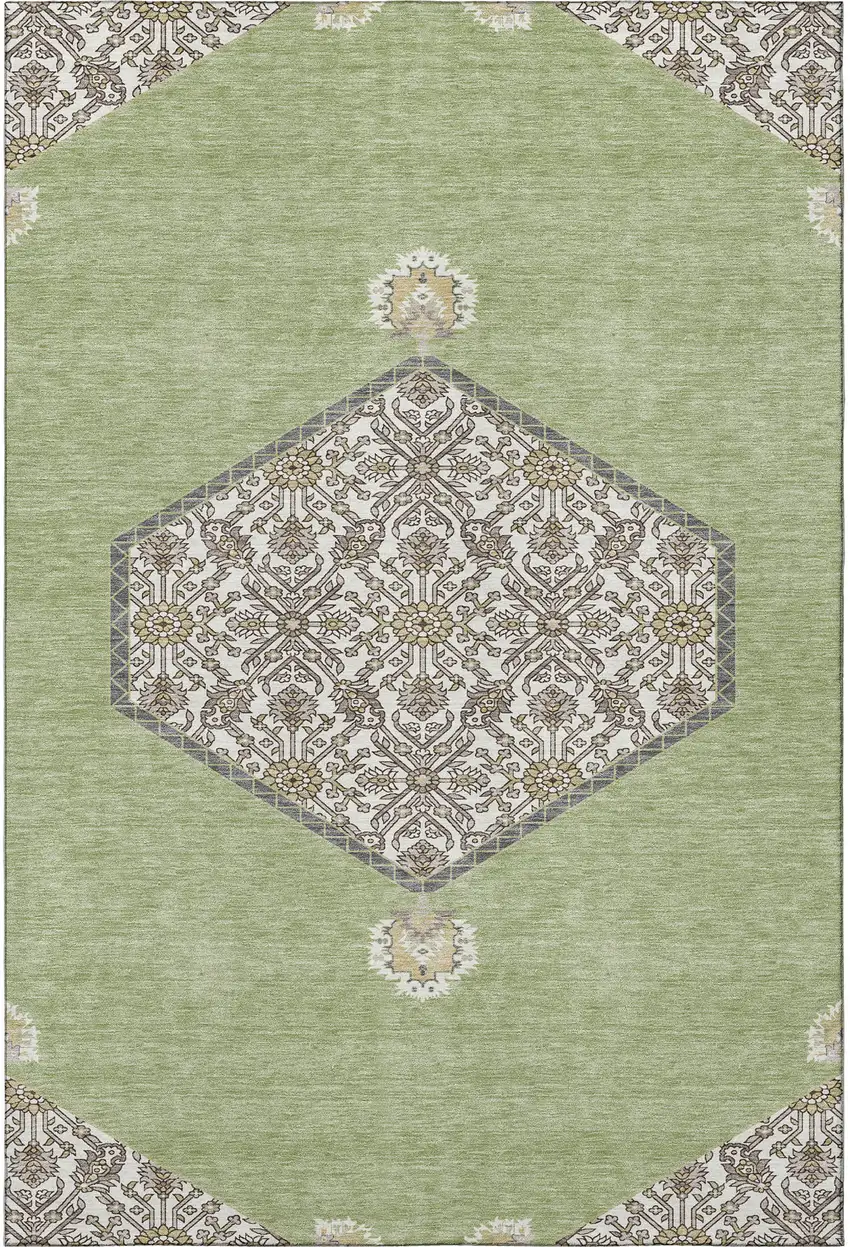 Artichoke Green Beige And Gray Oriental Washable Area Rug With UV Protection Photo 3