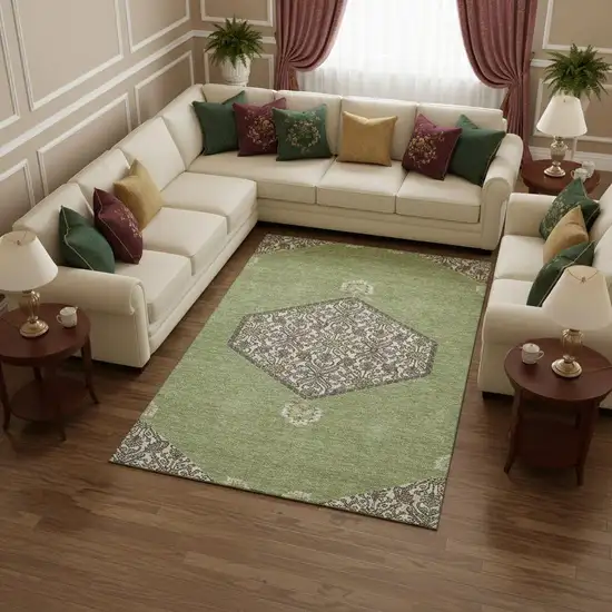 Artichoke Green Beige And Gray Oriental Washable Area Rug With UV Protection Photo 2