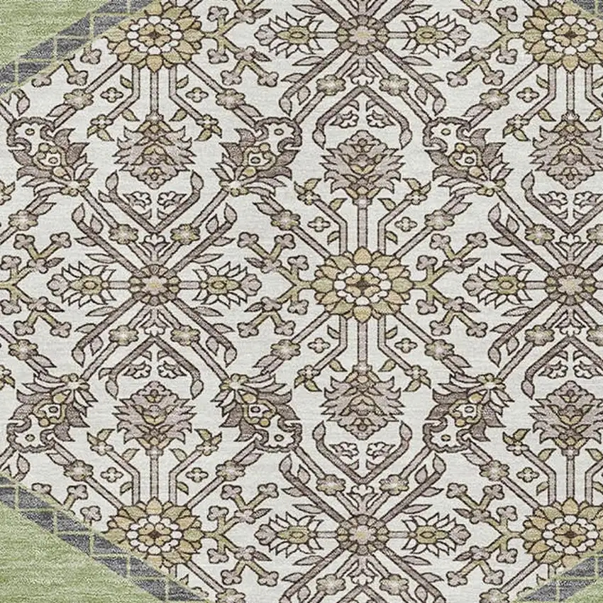 Artichoke Green Beige And Gray Oriental Washable Area Rug With UV Protection Photo 2
