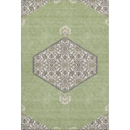 Artichoke Green Beige And Gray Oriental Washable Area Rug With UV Protection Photo 1