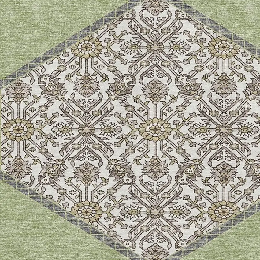 Artichoke Green Beige And Gray Oriental Washable Area Rug With UV Protection Photo 3