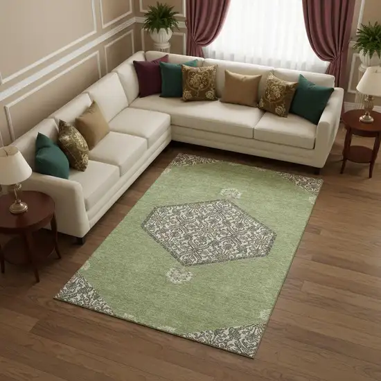 Artichoke Green Beige And Gray Oriental Washable Area Rug With UV Protection Photo 2