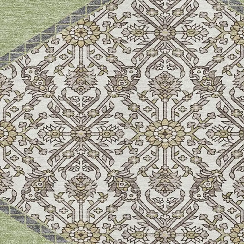 Artichoke Green Beige And Gray Oriental Washable Area Rug With UV Protection Photo 2