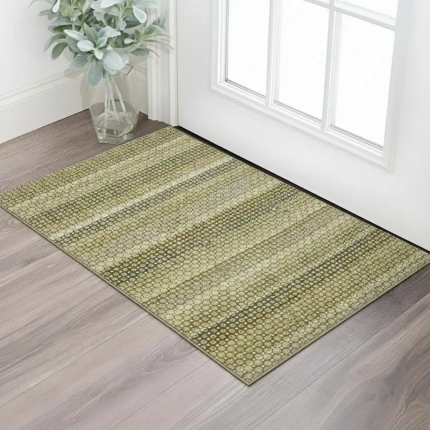 Artichoke Green Beige And Gray Striped Washable Area Rug With UV Protection Photo 2