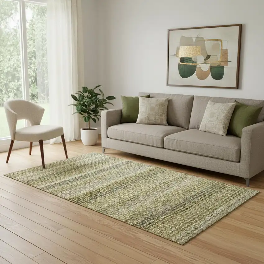 Artichoke Green Beige And Gray Striped Washable Area Rug With UV Protection Photo 2