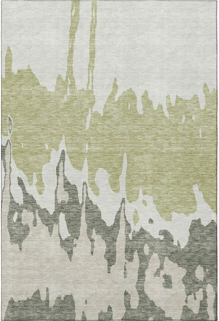 Artichoke Green Beige And Ivory Abstract Washable Area Rug With UV Protection Photo 3
