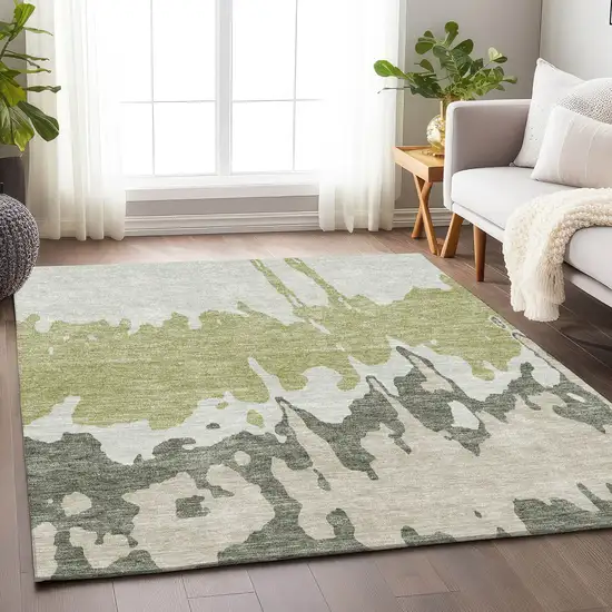 Artichoke Green Beige And Ivory Abstract Washable Area Rug With UV Protection Photo 4