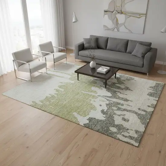 Artichoke Green Beige And Ivory Abstract Washable Area Rug With UV Protection Photo 2