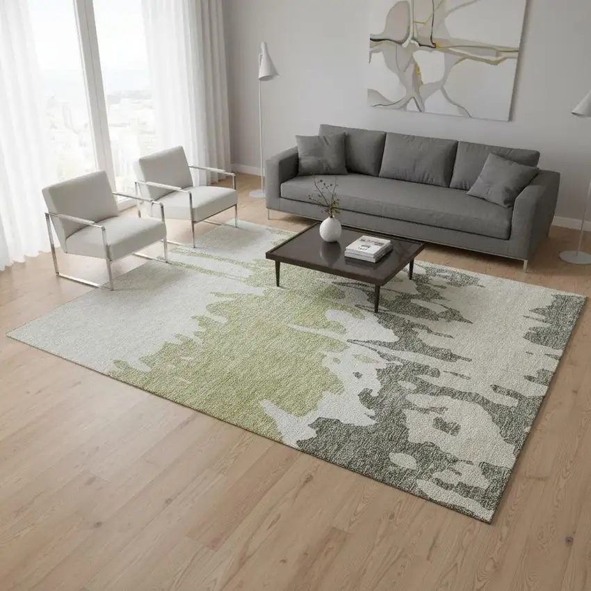 Artichoke Green Beige And Ivory Abstract Washable Area Rug With UV Protection Photo 2