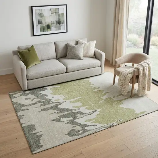 Artichoke Green Beige And Ivory Abstract Washable Area Rug With UV Protection Photo 1