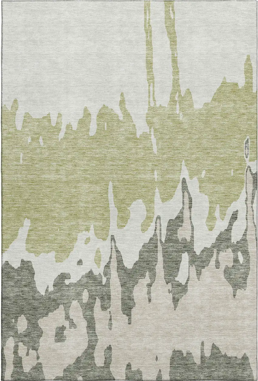 Artichoke Green Beige And Ivory Abstract Washable Area Rug With UV Protection Photo 1