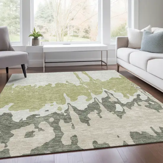 Artichoke Green Beige And Ivory Abstract Washable Area Rug With UV Protection Photo 5