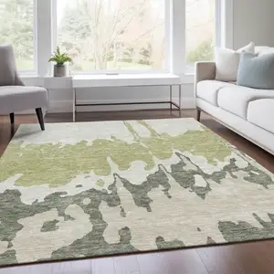 Photo of Artichoke Green Beige And Ivory Abstract Washable Area Rug With UV Protection