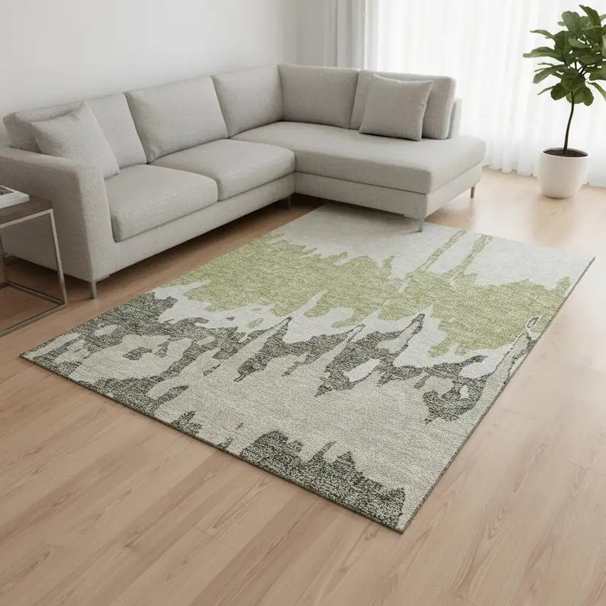 Artichoke Green Beige And Ivory Abstract Washable Area Rug With UV Protection Photo 2