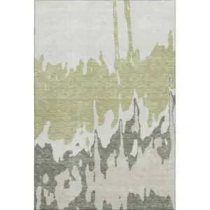 Photo of Artichoke Green Beige And Ivory Abstract Washable Area Rug With UV Protection