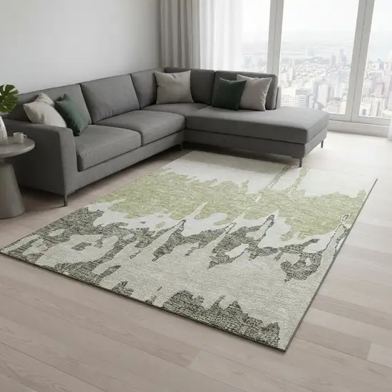 Artichoke Green Beige And Ivory Abstract Washable Area Rug With UV Protection Photo 2