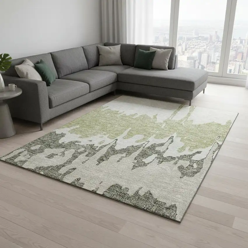 Artichoke Green Beige And Ivory Abstract Washable Area Rug With UV Protection Photo 2