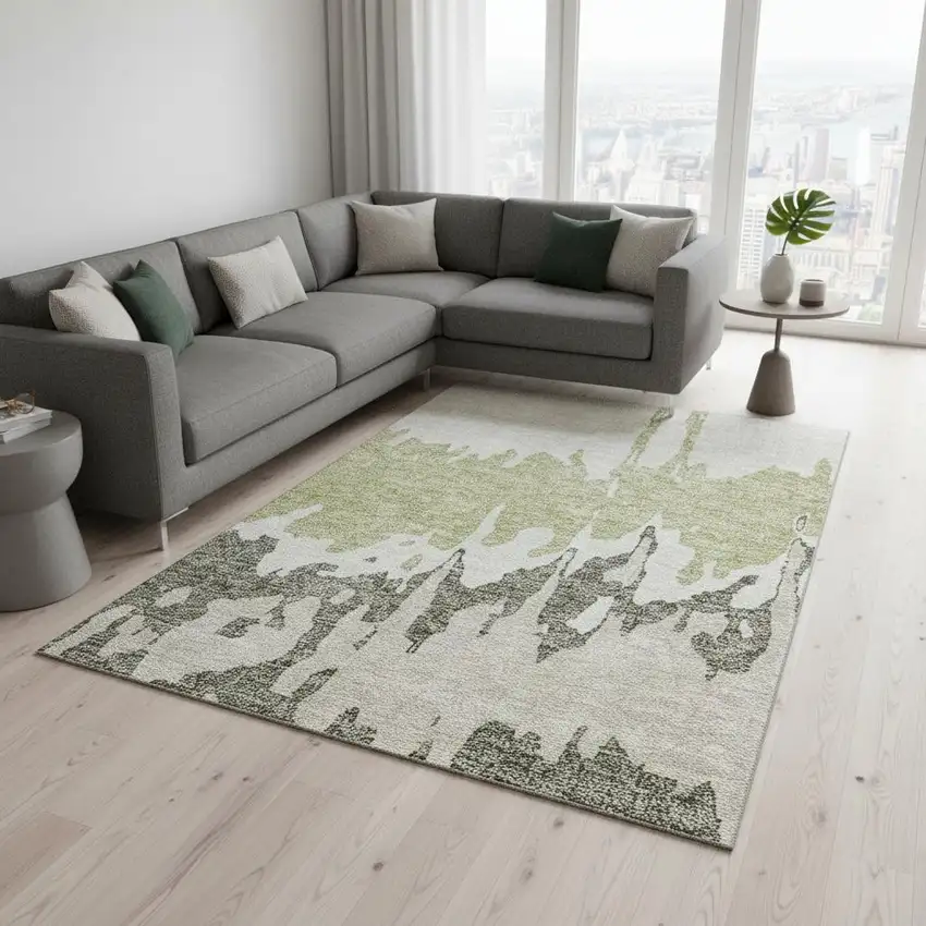 Artichoke Green Beige And Ivory Abstract Washable Area Rug With UV Protection Photo 2