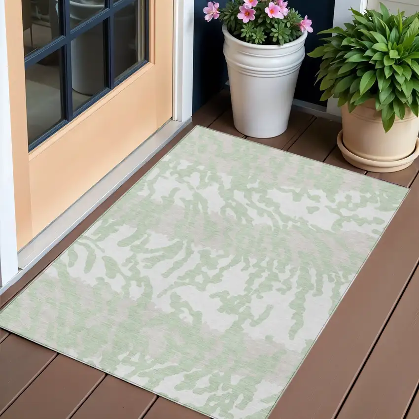 Artichoke Green Beige And Ivory Animal Print Washable Indoor Outdoor Area Rug Photo 1
