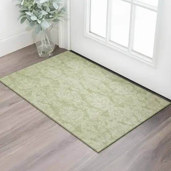 Artichoke Green Beige And Ivory Damask Washable Area Rug With UV Protection Photo 2