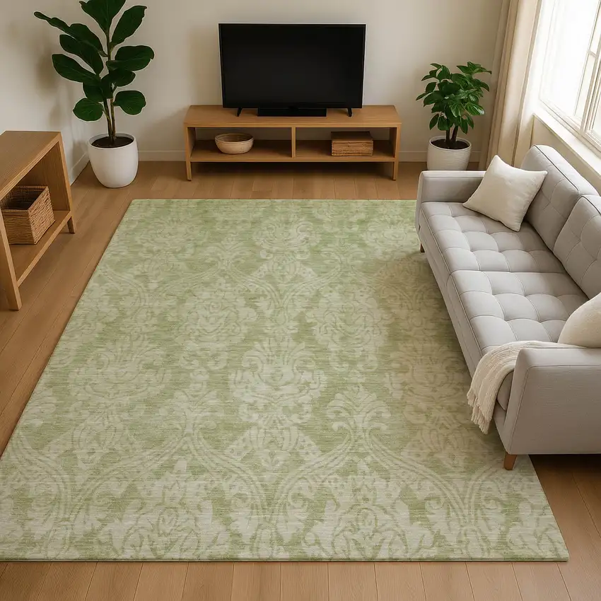 Artichoke Green Beige And Ivory Damask Washable Area Rug With UV Protection Photo 4