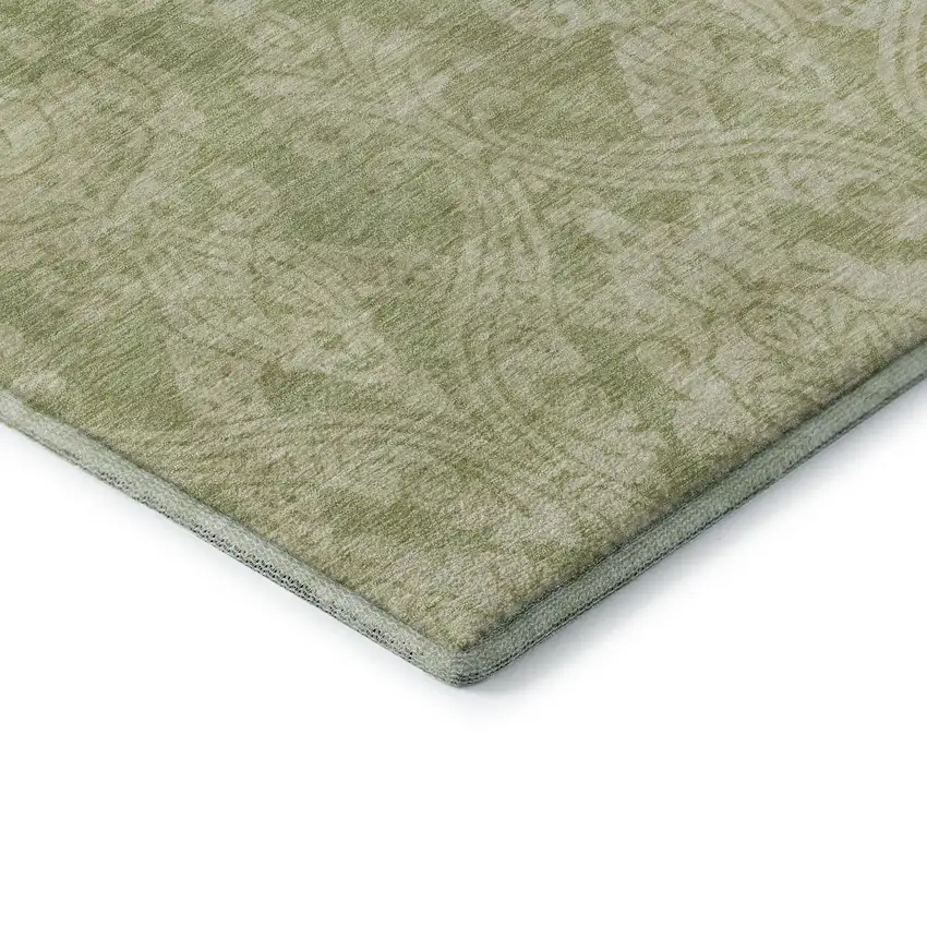 Artichoke Green Beige And Ivory Damask Washable Area Rug With UV Protection Photo 7