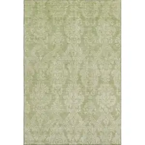 Photo of Artichoke Green Beige And Ivory Damask Washable Area Rug With UV Protection