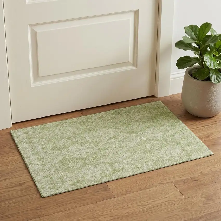 Artichoke Green Beige And Ivory Damask Washable Area Rug With UV Protection Photo 1