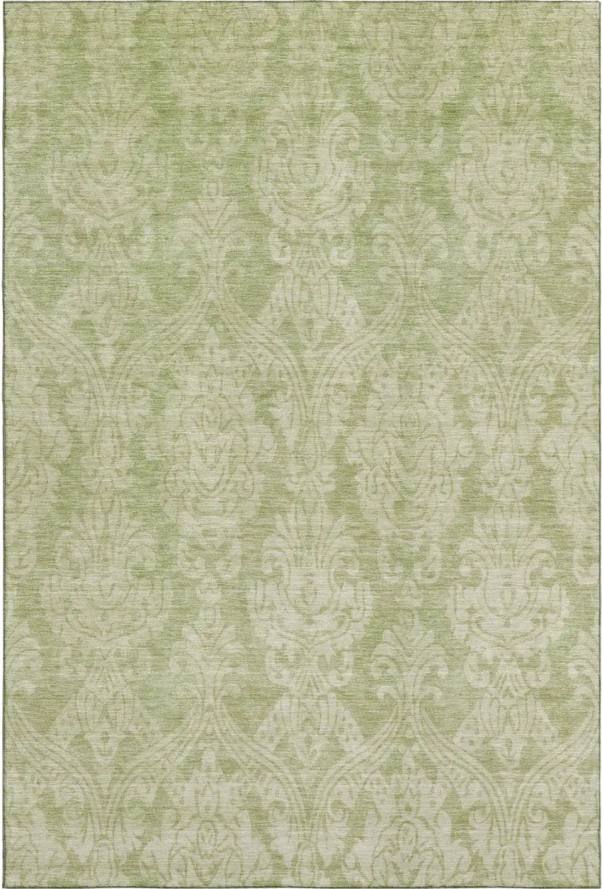 Artichoke Green Beige And Ivory Damask Washable Area Rug With UV Protection Photo 1
