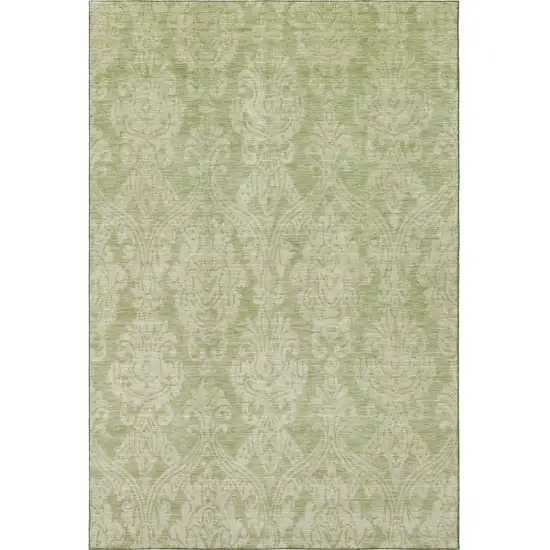 Artichoke Green Beige And Ivory Damask Washable Area Rug With UV Protection Photo 3