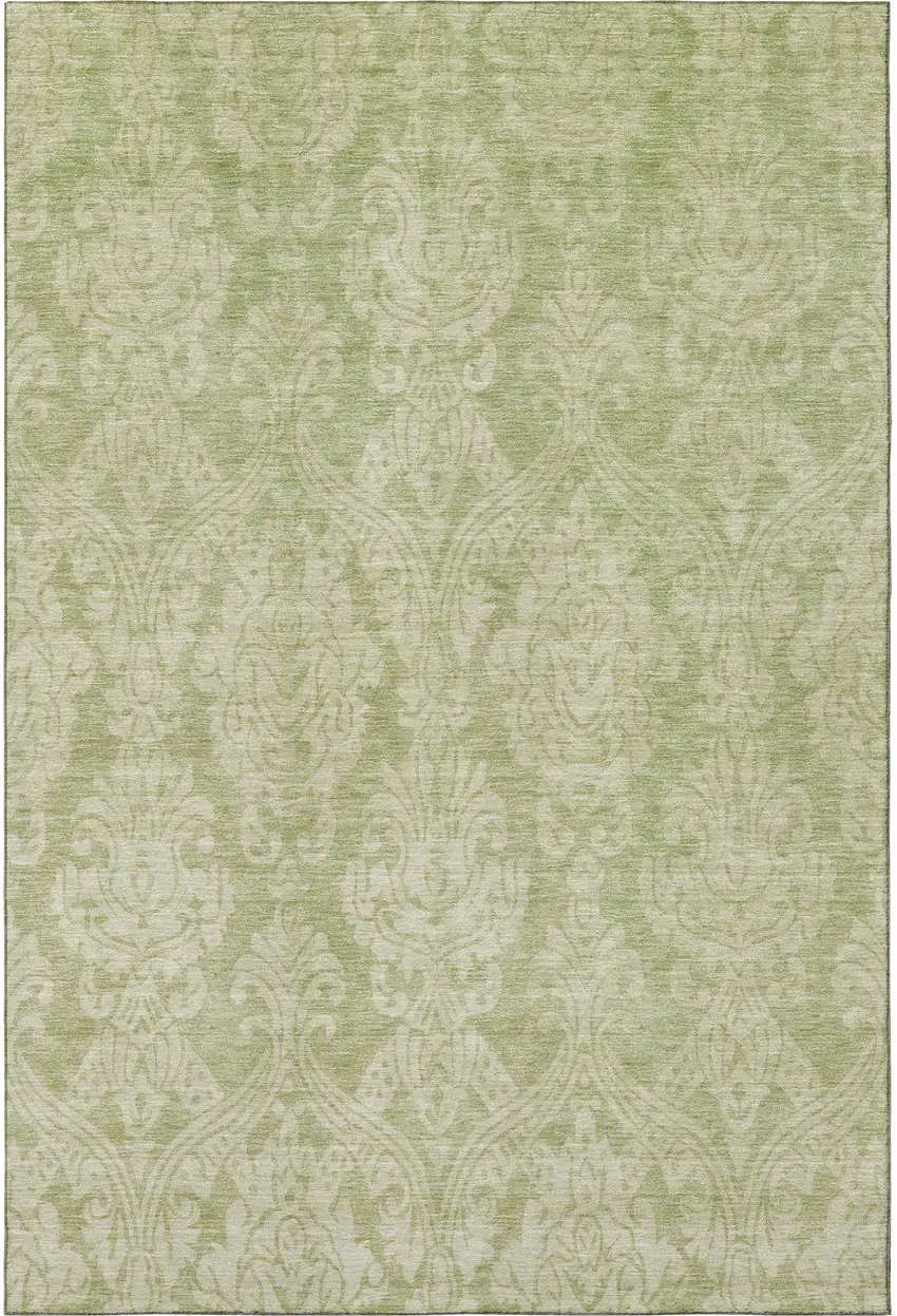 Artichoke Green Beige And Ivory Damask Washable Area Rug With UV Protection Photo 3