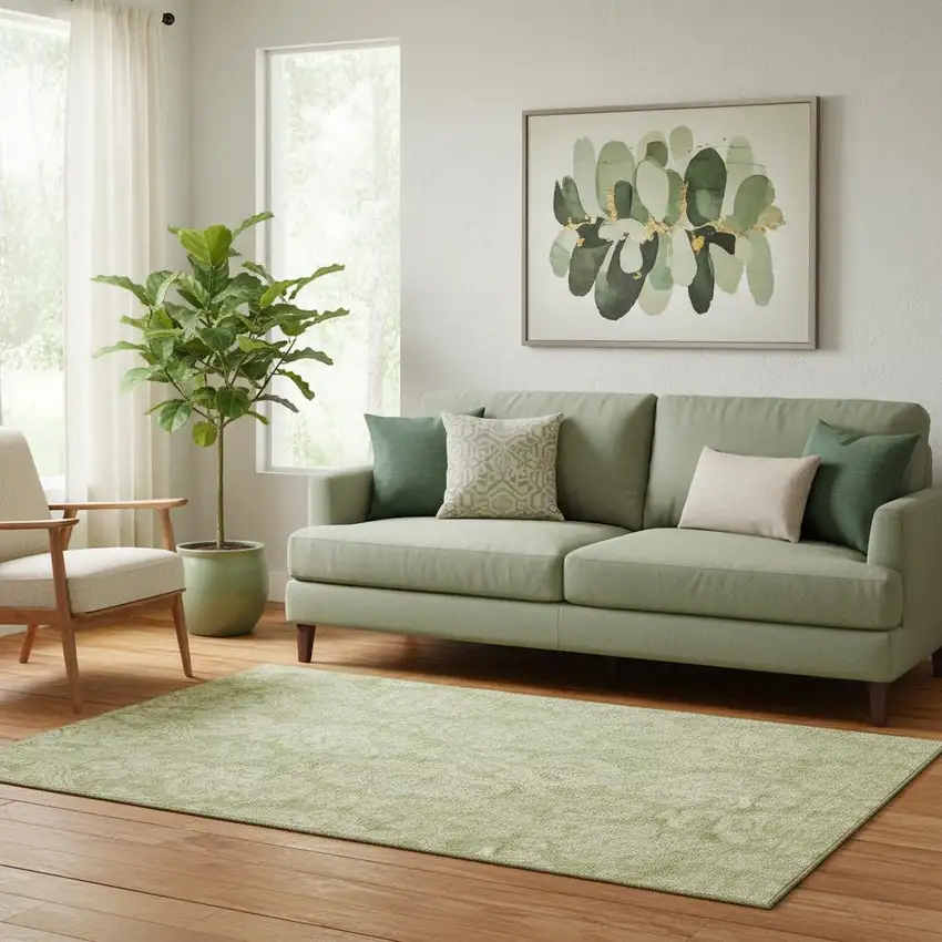 Artichoke Green Beige And Ivory Damask Washable Area Rug With UV Protection Photo 2