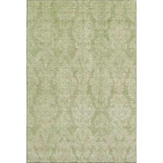 Artichoke Green Beige And Ivory Damask Washable Area Rug With UV Protection Photo 1