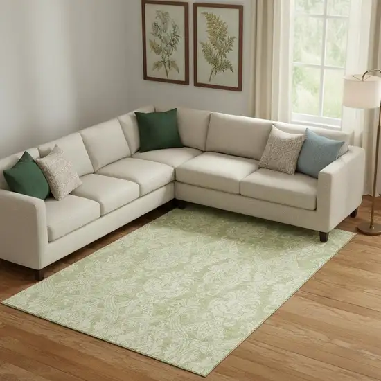 Artichoke Green Beige And Ivory Damask Washable Area Rug With UV Protection Photo 2