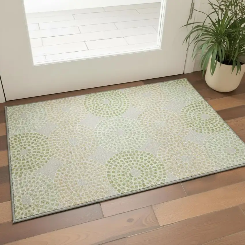 Artichoke Green Beige And Ivory Geometric Washable Area Rug With UV Protection Photo 2