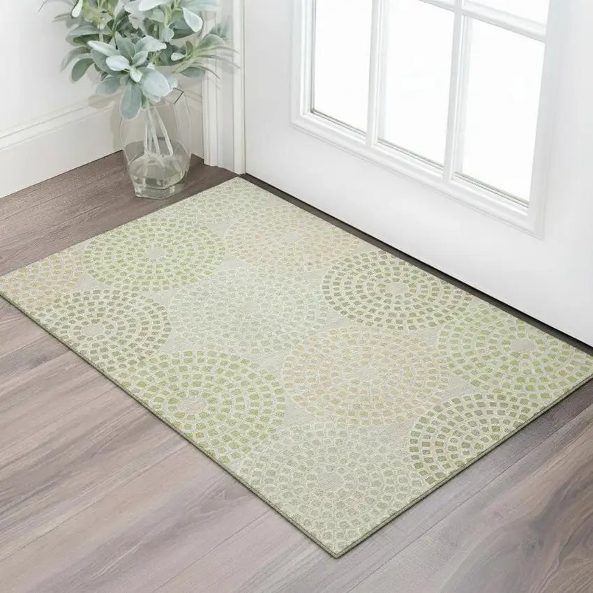 Artichoke Green Beige And Ivory Geometric Washable Area Rug With UV Protection Photo 1
