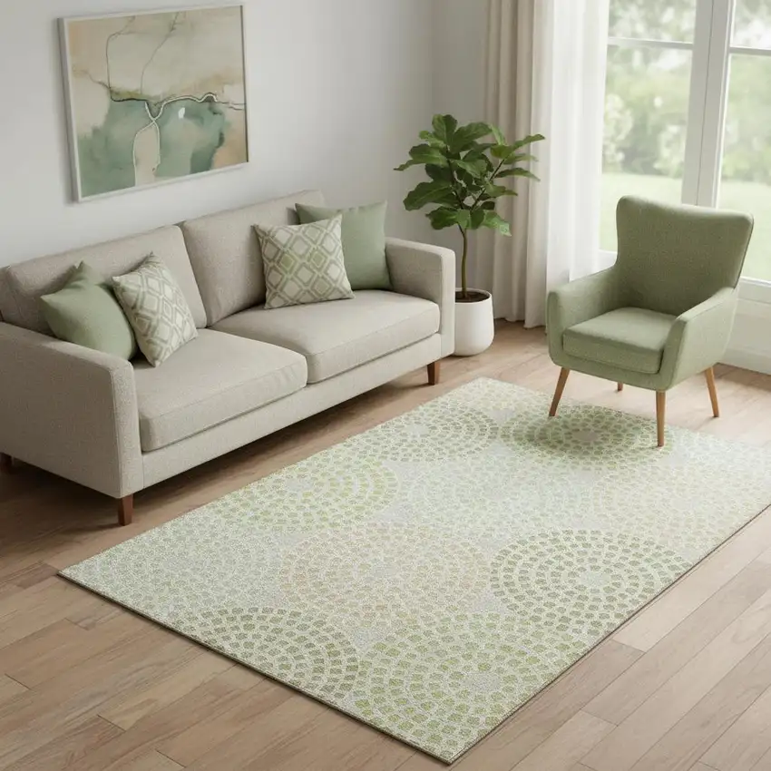 Artichoke Green Beige And Ivory Geometric Washable Area Rug With UV Protection Photo 1