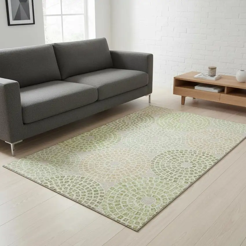 Artichoke Green Beige And Ivory Geometric Washable Area Rug With UV Protection Photo 2