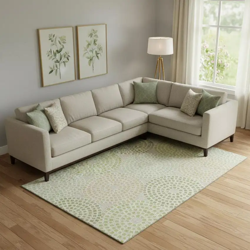Artichoke Green Beige And Ivory Geometric Washable Area Rug With UV Protection Photo 1