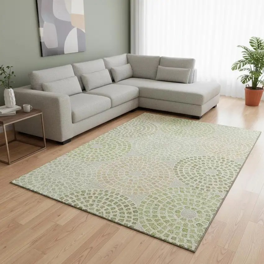 Artichoke Green Beige And Ivory Geometric Washable Area Rug With UV Protection Photo 2