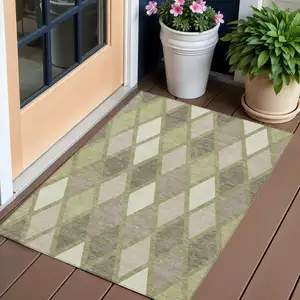 Photo of Artichoke Green Beige And Ivory Geometric Washable Indoor Outdoor Area Rug