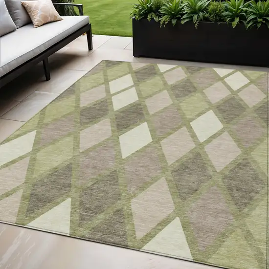 Artichoke Green Beige And Ivory Geometric Washable Indoor Outdoor Area Rug Photo 1