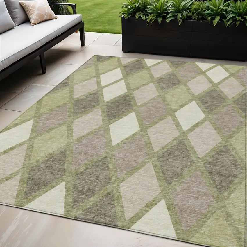 Artichoke Green Beige And Ivory Geometric Washable Indoor Outdoor Area Rug Photo 1