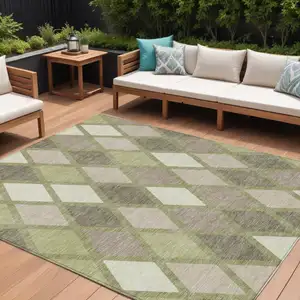 Photo of Artichoke Green Beige And Ivory Geometric Washable Indoor Outdoor Area Rug