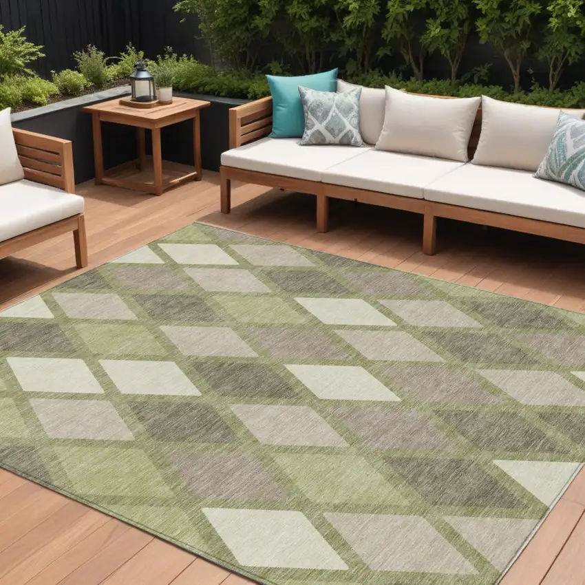 Artichoke Green Beige And Ivory Geometric Washable Indoor Outdoor Area Rug Photo 1