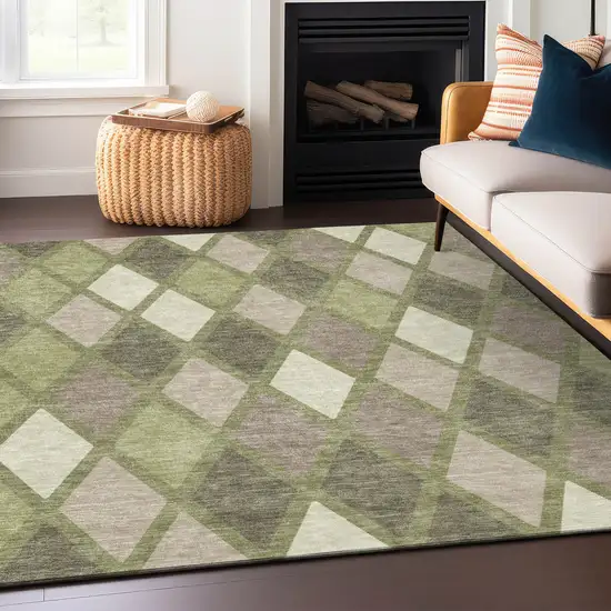 Artichoke Green Beige And Ivory Geometric Washable Indoor Outdoor Area Rug Photo 7